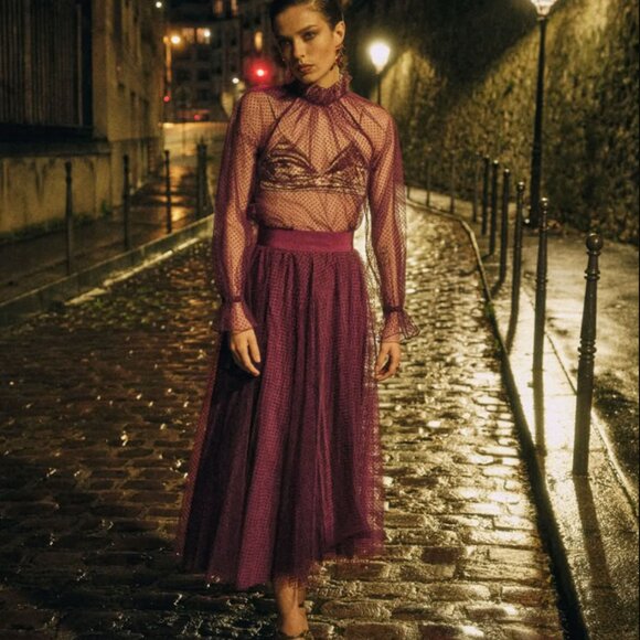 Sézane NWOT Masha Skirt in Burgundy Plumetis Size 42/US 10 - Picture 4 of 4